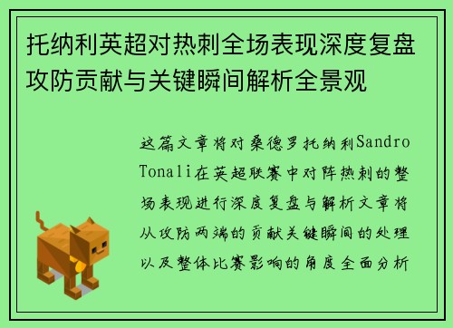 托纳利英超对热刺全场表现深度复盘攻防贡献与关键瞬间解析全景观