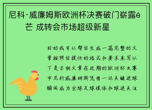 尼科·威廉姆斯欧洲杯决赛破门崭露锋芒 成转会市场超级新星 尼科·威廉姆斯欧洲杯决赛破门崭露锋芒 成转会市场超级新星